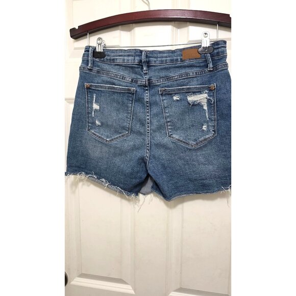Judy Blue Womens Distressed Denim Asymmetric Frayed Hem Skirt-Style Shorts Size - Picture 3 of 8